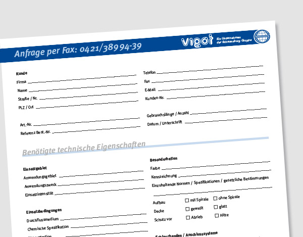 VIGOT Industrietechnik, Industrieschläuche, Anfrage per Fax